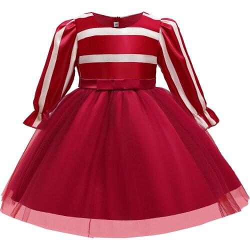 KEAIYOUHUO 2022 New Year Costume For Children Striped Long Sleeve Mesh Dress Princess Dress Evening Dresses Red Lace-up Dress 8Y