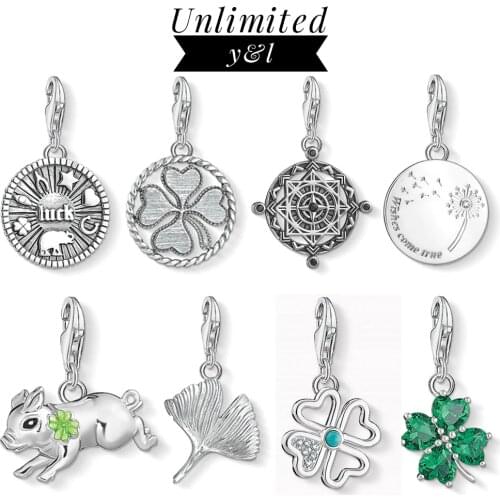 Dandelion Clover Ginkgo Leaf Pig Pendant Charms Round Disc Lucky Good Luck Wishes 925 Sterling Silver Jewelry Bracelet Women Men