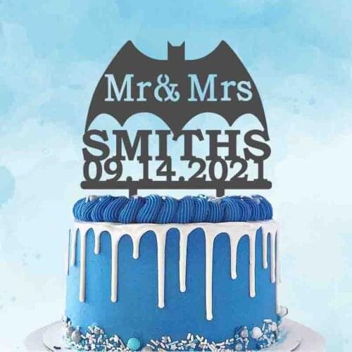 Personalized Bat Man Wedding Topper Custom Mr Mrs Name Date Cartoon Wedding Cake Topper For Wedding Anniversary Cake Decoration