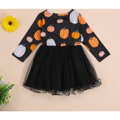 Halloween Kids Dress, New Fashion Cartoon Pumpkin Print Round Neck Long Sleeve Gown for Summer Fall, 6 Month-4 Years