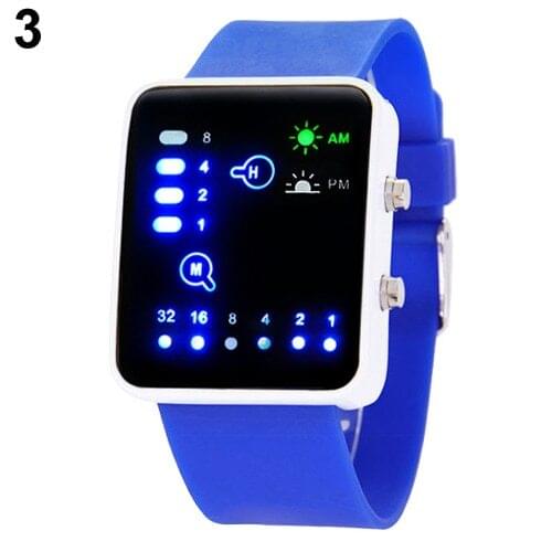 Popular Mens Womens Binary Number Blue LED Wristwatches Silicone Band Quartz Wrist Watch NO181 5V4Y C2K5W