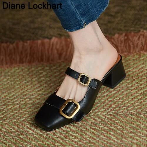 Women Belt Buckle Slippers Mixed colors Female Mules Fashion Low Heels Shoes Round Toe Ladies Elegant Sandals Woman Patchwork