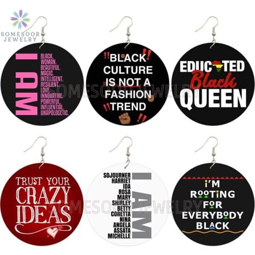 SOMESOOR Educated Afro Queen Wooden Drop Earrings Black Culture Strong Sayings African Photos Wood Jewelry For Women Gifts