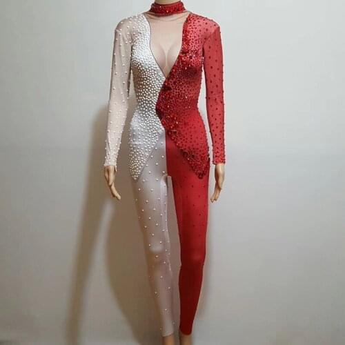 Sparkly Rhinestone Red And White Long Suit Jumpsuit Nightclub Party Singer Catwalk Show Performance Wear Dance Outfit DJ389