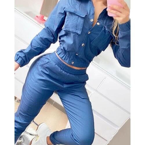 Women Fashion Casual Two-Piece Set Suits Set Female Autumn Clothes Pocket Design Top & Flared Pants Set Denim 2 Piece Set Women