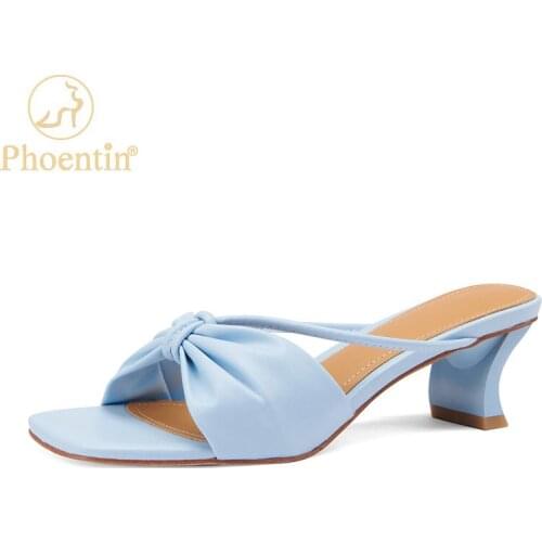 Phoentin Elegant Butterfly knot mid Heels Square Toe Slippers summer Women Designer Beach Sandals plus size 43 sexy Shoes FT1610
