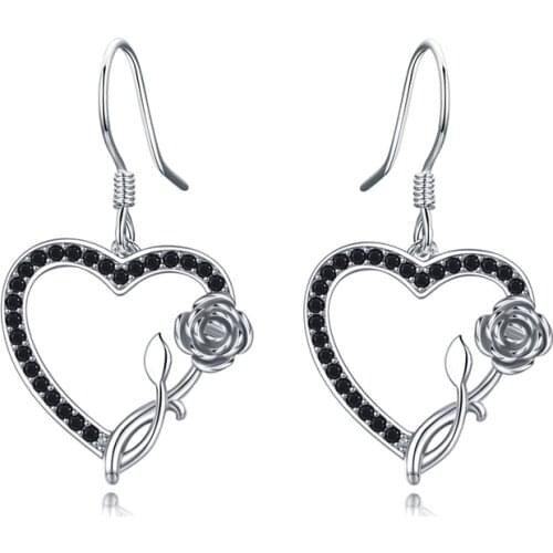 Sodrov 100% 925 Sterling Silver Earring Heart Black Spinel Anniversary Flower Drop Earrings for Women Fine Jewelry I154