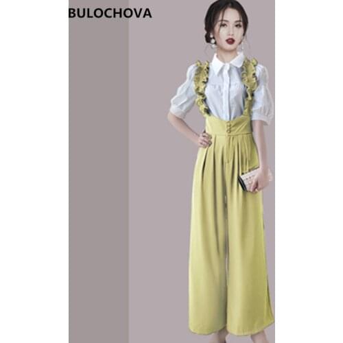 High Quality Womens Overalls Suits 2021 New Fashion White Puff Sleeve Shirt Tops + Full Length Wide Leg Pants 2 Pieces Set XL