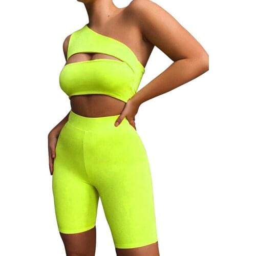 Sexy Sleeveless Hollow One Shoulder Women Sport Suit Sweat Suits Training Sets Women Fluorescent Green 097
