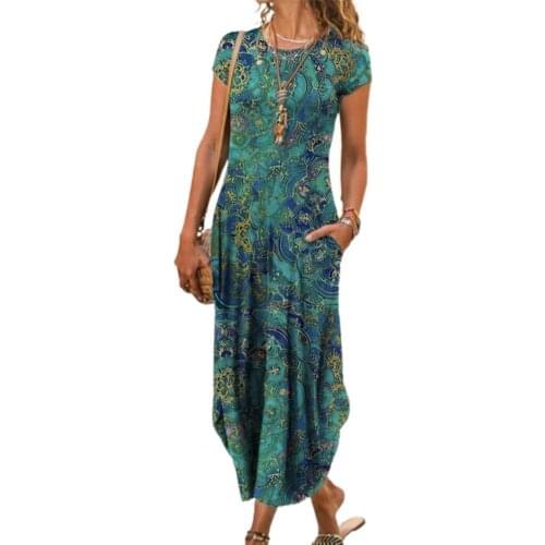 Summer Dress Round Neck Loose Female Ladies Vintage Floral Print Long Dress for Vacation Sexy Ladies Fashion Dresses