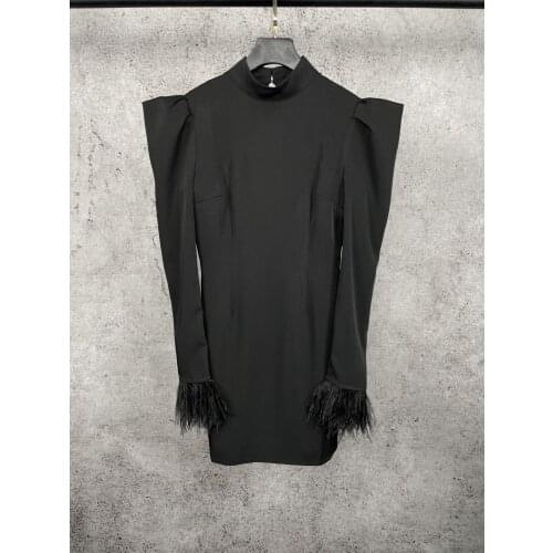 Fashion 2021 new ladies long sleeve stand collar back hollow stitching feather dress 0108