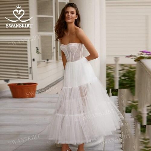 Beach Sleeveless Wedding Dress 2021 Romantic Strapless Bridal Gown Princess SwanSarah M075 Short Party Dresses Vestido De Novia