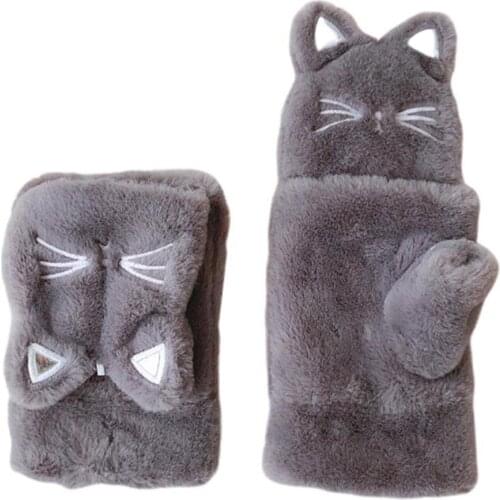 Winter Women Outdoor Cartoon Cats Gloves Flip Half Finger Thicken Warm Mittens Warm Soft Plush Short Warm Fingerless Gloves