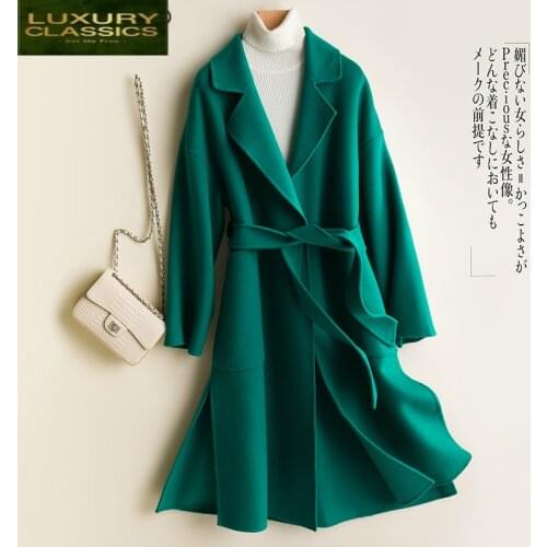 100% Winter Womens Coats Wool Yellow Coat Female Sided Woolen Jackets Autumn Spring Clothes Elegant Belt Overcoat LWL1323