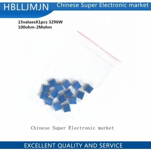 15valuesX1pcs=15pcs 100ohm-2Mohm 0.5w 3296 3296w Variable Resistors MultiTurn trimmer adjustable precision Potentiometer kit