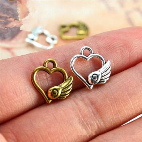 200Pcs/lot Metal Heart Charms 12*17MM Angel Wing Charms for Jewelry Making