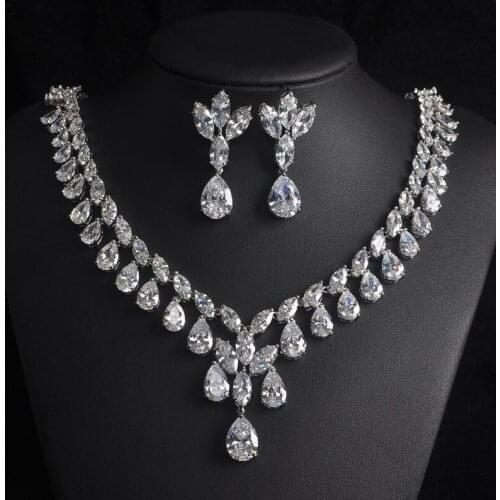 Sparkly Water Drop Shape Around Necklace Set Full Cubic Zirconia Stone Jewelry Sets Women Bridal Dress Accessories Gift S-009