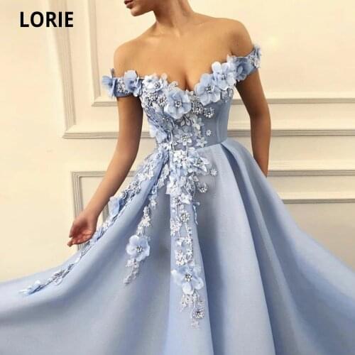 LORIE Baby Blue Princess Prom Dresses Off the Shoulder 3D Flowers Evening Gown Long Formal Party Dress Plus Size Custom Made