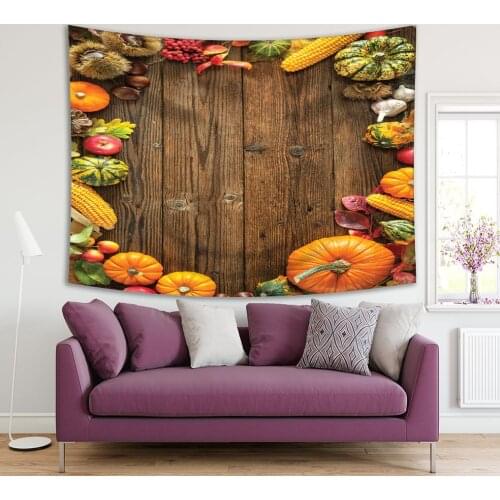 Tapestry Fruits and Gourds on Rustic Wooden Table Wallpaper Wallpaper Wallpaper Harvest Country Life Decorative Photo Yellow Red Brown