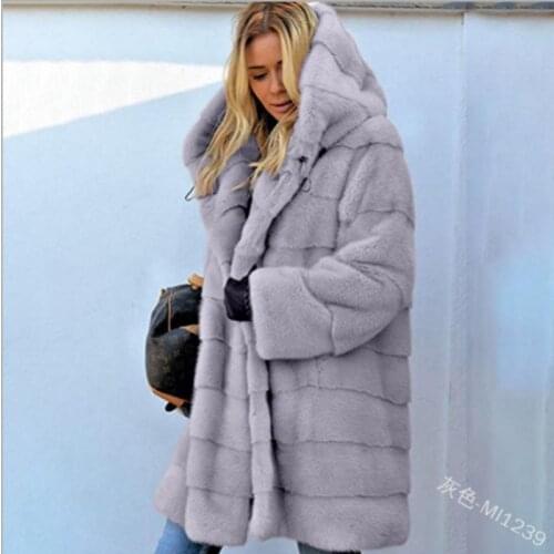 Fashion solid color loose plush long-sleeved hooded coat faux fur womens autumn and winter warm high-end jacket Long