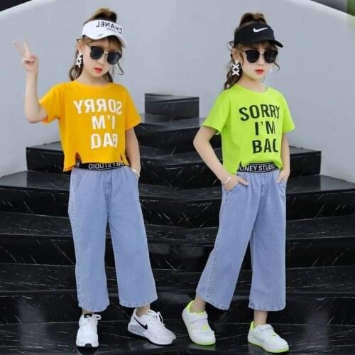 Fashion Children Girls Clothes Sets Cotton Letter Printed Short Sleeve Tops+Jean 2 pcs Summer Kids Girl Clothing Set Girls Suits