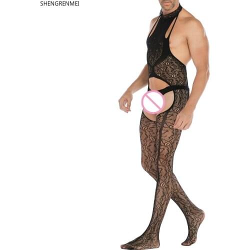 Men Lace Lingerie Hanging Neck Nightwear Adult Gay Open Crotch Sleepwear Mans Backless Jumpsuit Sexy Male Bodysuit SHENGRENMEI