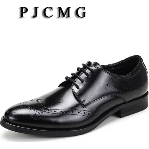 PJCMG New High Quality Genuine Leather Men Lace-Up Carved Black/Red/Coffee Lace-Up Bullock Business Oxfords Men Dress Shoes