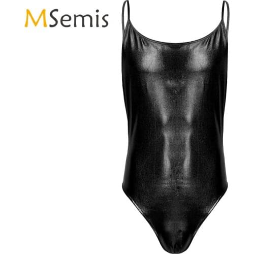 Mens Lingerie Sissy Bodysuits Sexy Patent Leather Shiny Metallic Mens Sexy Bodysuit Nightclub Stage Performance Dancing Costume