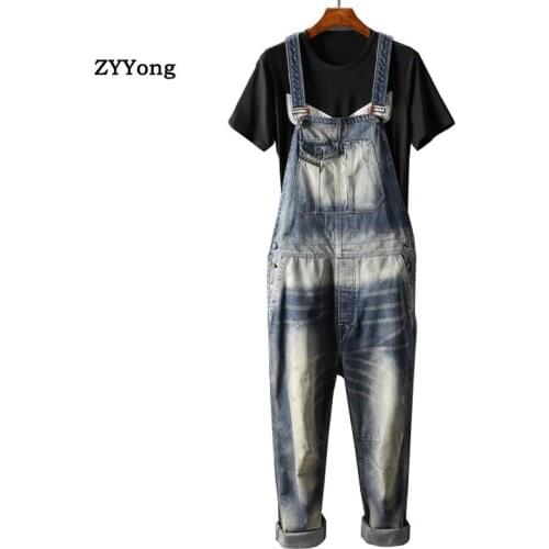 Men Denim Jumpsuit Bib Overalls High Quality Loose Comfortable Classic Jeans Vintage Freight Cargo Pants Leisure Blue Trousers