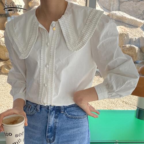 Solid White Women Blouses Tops Button Loose Turn-Down Collar Puff Sleeve Woman Shirt Blusas Pleated Work Style OL Shirts 13861