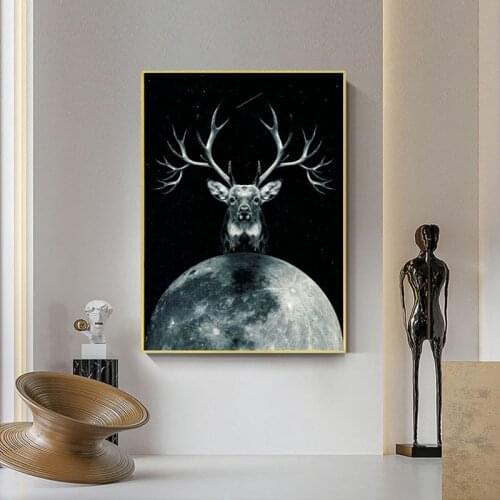 Deer Moon Night Horns Art Posters and Prints on Canvas Painting Deer Animals Wall Art Canvas Pictures for Living Room Home Decor