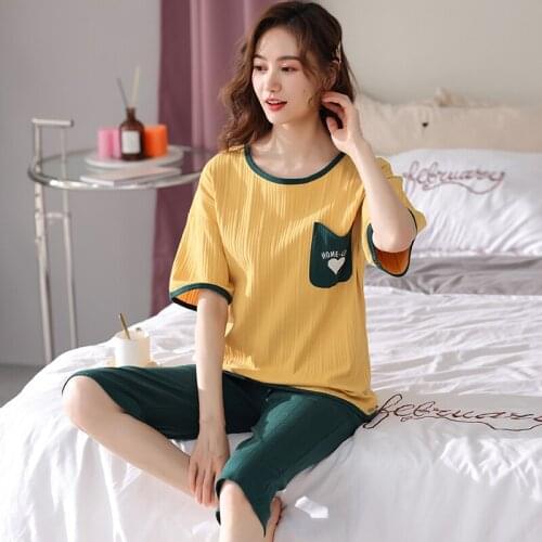 Summer Pajama Sets Short Sleeved Full Cotton Sleepwear Womens Pajamas M-3XL Size Loungewear Loose Casual Homewear Pijamas Mujer