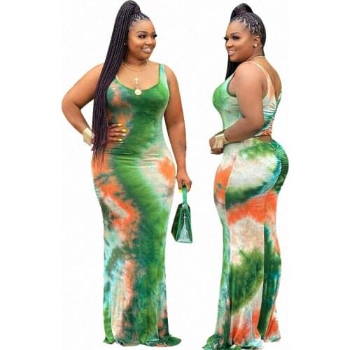 S-5XL Women Casual High Waist Sleeveless Tye Dye Dress Summer Dresses for Draped Backless Sexy Plus Size Dress Dropshipping