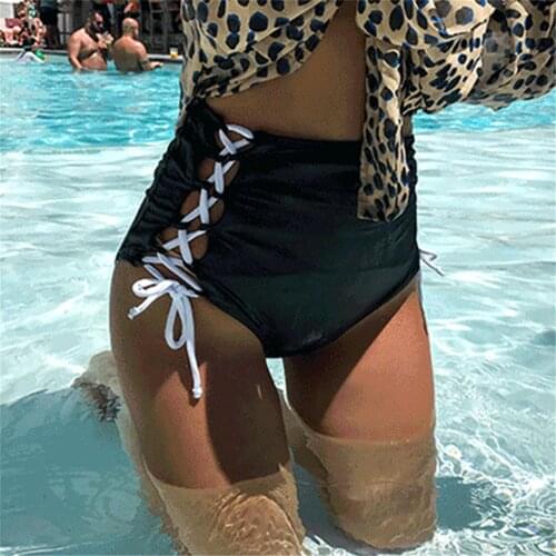 Sexy High Waist Bikini Bottom Women Solid Two-piece Separate Swimwear Bandage Swimsuit Lace Up Underwear For Swimming Black