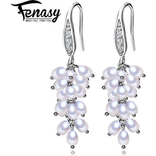 FENASY grape long tassel earring,925 Sterling Silver earrings,Birthday gift Jewelry for Women Freshwater pearl Drop earrings