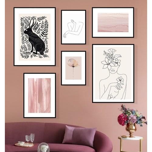 Nordic Home Decor Poster Pictures Pink Flowers Abstract Line Drawing Nordic Poster Canvas Art Print Combination Wall Gallery