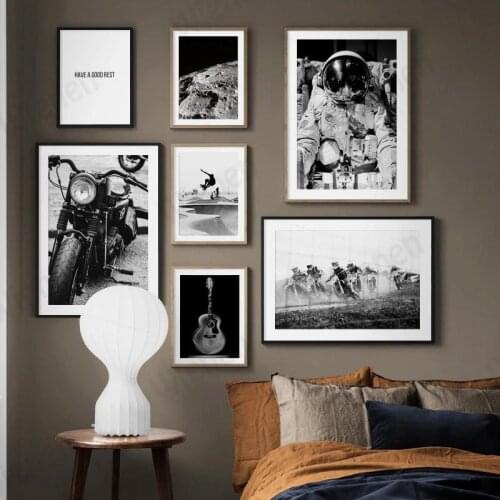 Modern Black White Wall Art Poster Astronaut Moon Guitar Motorcycle Race Canvas Painting Prints Home Decor Living Room Bedroom