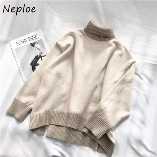 Neploe Gentle Style Autumn Winter New 2021 Sweaters Women Double Mock Collar Loose Simple Knitted Pullovers Female Knit Pullover