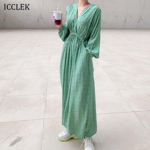 V-Neck Loose Chiffon Floral Dress Office Ladies Dress Long Dress 2021 Korean One-Piece WomenS Dress Street Dress Casual Dresses