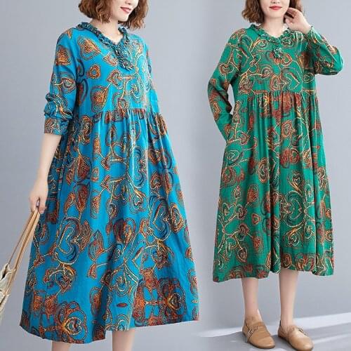 Long Sleeve Cotton Linen Vintage Floral Dresses Women Casual Loose Woman Dress Elegant Clothes 2021 Spring Autumn National Style