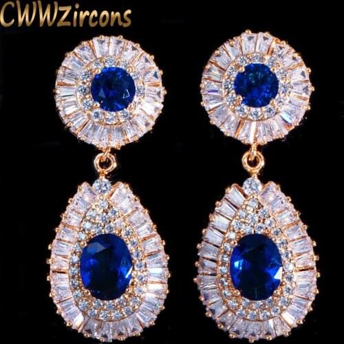 CWWZircons High Quality Gorgeous Blue Cubic Zirconia Pave Long Dangle Drop Dubai Gold Bridal Wedding Earrings for Women CZ361