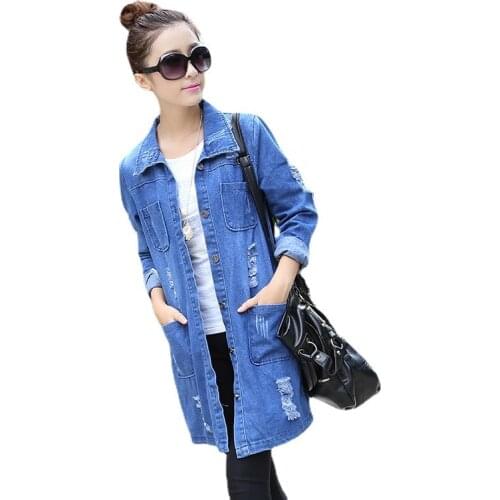 S-5XL Large Size Denim Trench Coat Women Long Windbreaker Double-breasted Suit Collar Jeans Coats Female Hole Loose Casual Tops