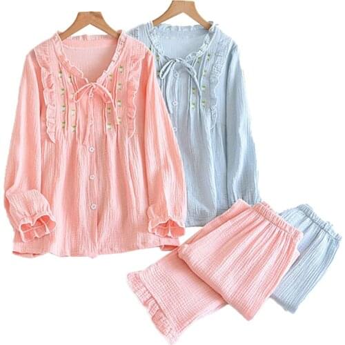 Ladies 100% Cotton Cloth Embroidered Collar Full-Sleev Pants Pajamas Set Ladies Double Gauze Spring Autumn Household Sleepwear