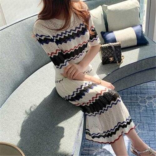 2021 Autumn Korean Striped Knitted Women Two Piece Sets Short Sleeve Tops + High Waist Long Skirt Suits Fashion Casual Sets
