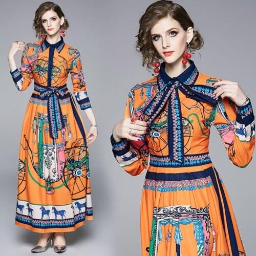 New 2019 Summer Fall Runway Vintage Print Collar Scarf Tie Neck Long Sleeve Empire Waist Women Ladies Casual A-Line Maxi Dress