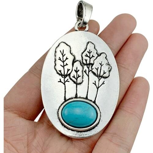 2 x Large Antique Silver Color Oval Tree Faux Turquoise Stone Charms Pendants for Necklace Jewellery 76x41mm