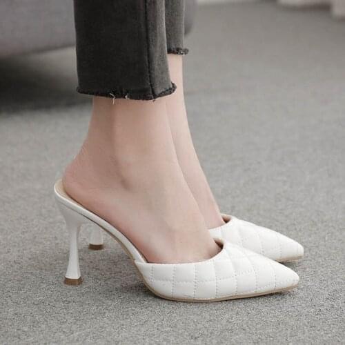 2020 European and American New All-match Baotou High Heel Slippers Pointed Toe Thin Heeled Fashion plus Size Muller Shoes Women