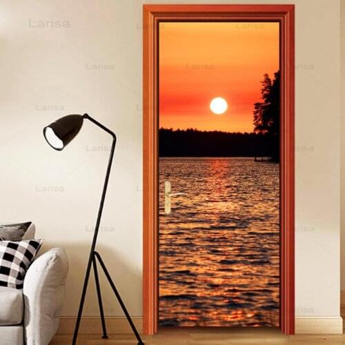 Home Decoration Door Stickers PVC Poster sunset Sea Landscape Self Adhesive 3D Canvas Print Waterproof Living Room Art Picture