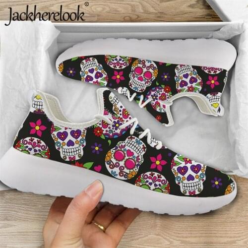Jackherelook Women Shoes Flats Sugar Skull Print Casual Ladies Shoes Woman Lace-Up Mesh Breath Female Sneakers Zapatillas Mujer