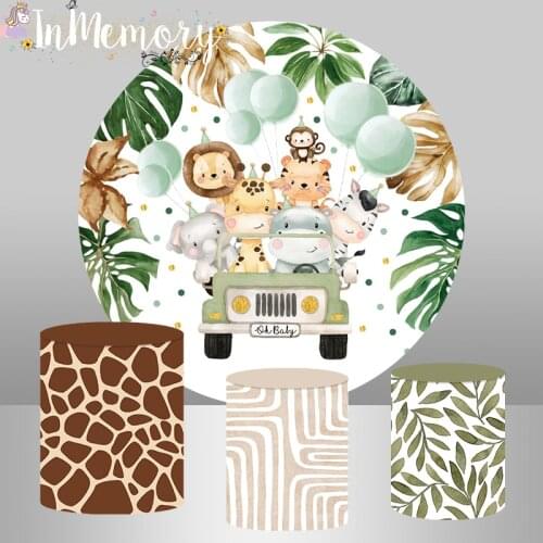 Round Circle Background Baby Shower Birthday Backdrop Tropical Green Leaves Jungle Animals Kids Party Decor Table Plinth Cover